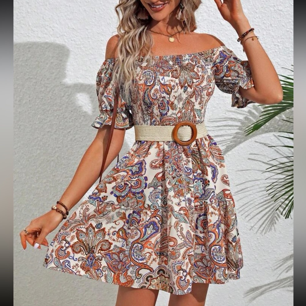 Boho Floral Paisley Print Off Shoulder Smocked Waist Dress - Picture 3 of 6